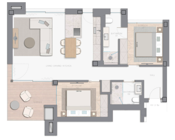 Plano orientativo de la vivienda de dos dormitorios en MarAdalt